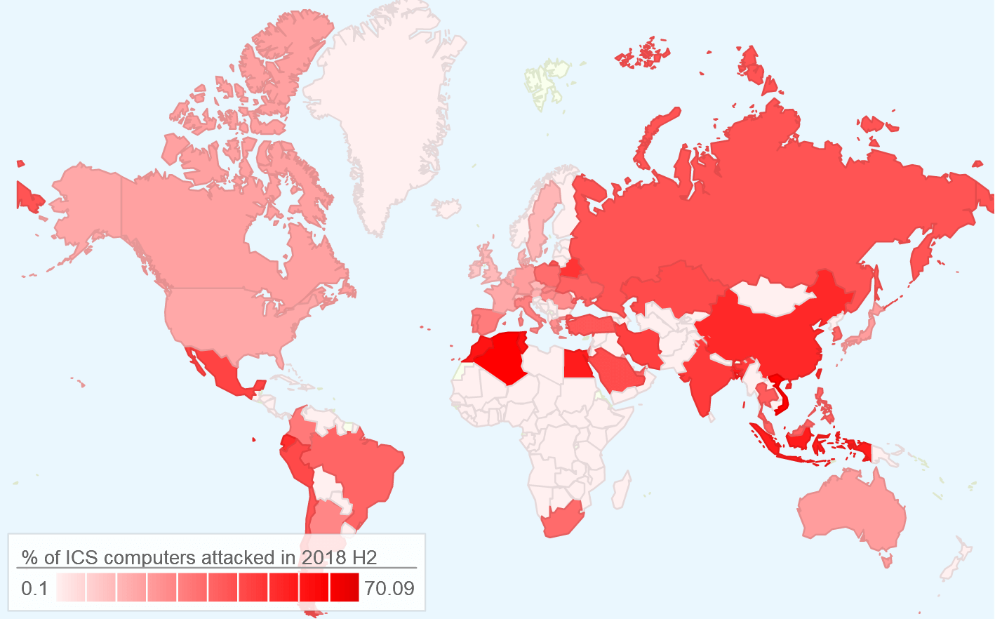 Geographical distribution of attacks on industrial automation systems in 2018. 