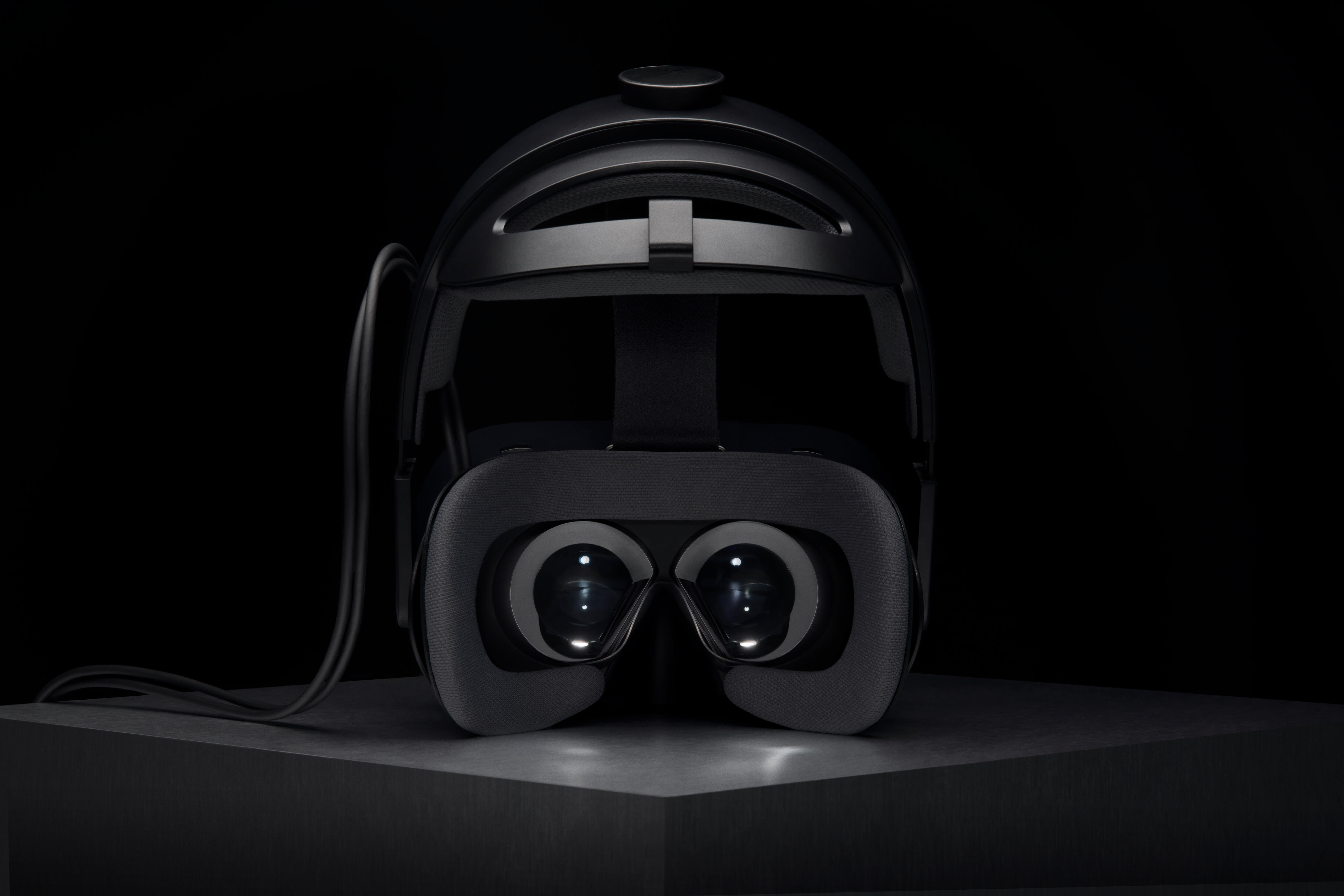 'Human-eye resolution'. The Varjo VR-1 headset with helmet attached. 