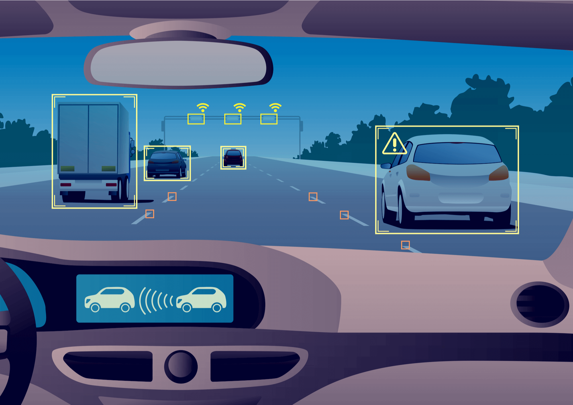 Head up display(HUD) and various information, vehicle interior, vector illustration