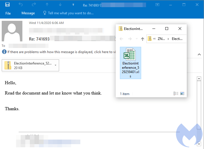 Malicious email with ElectionInterference attachment