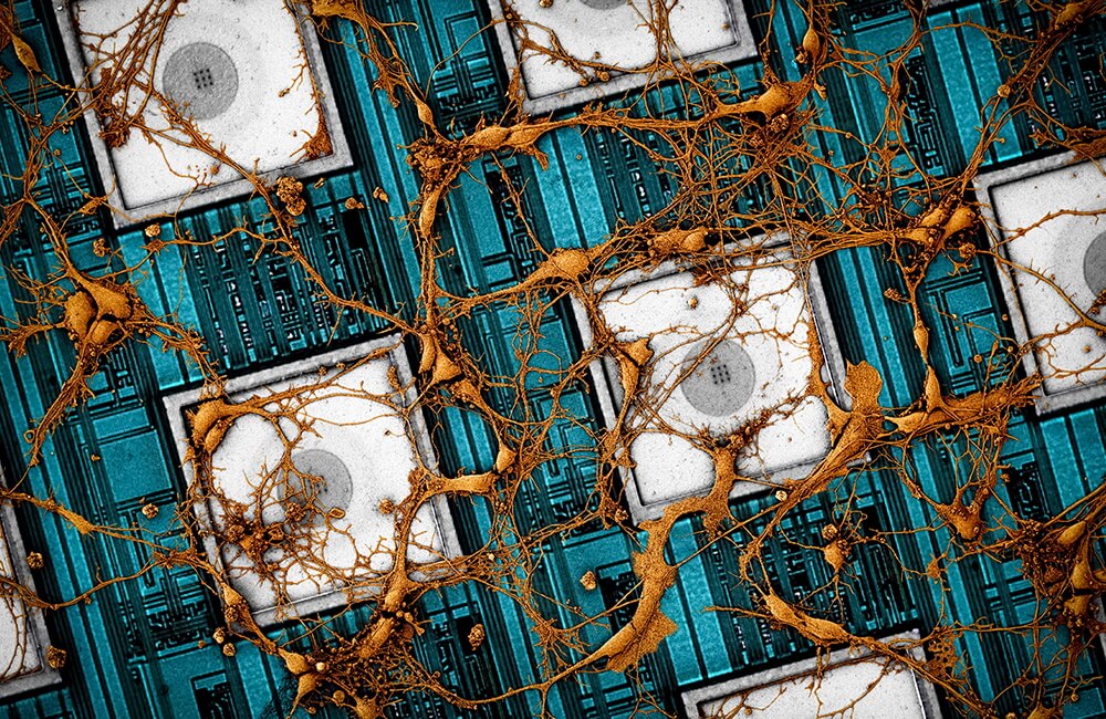 Image of rat neurons on CNEA (CMOS nanoelectrode array).