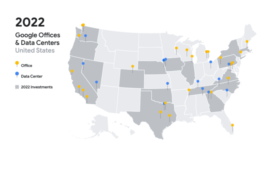 Map of Google's offices and data centers in the US.